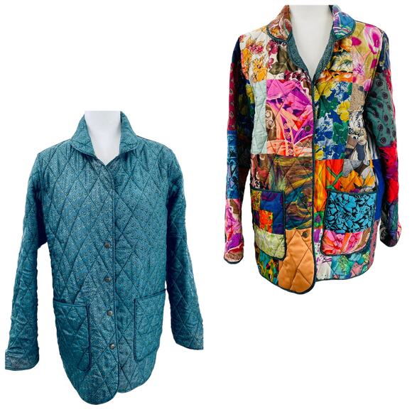 220 Hickory Silk Patchwork Multicolor Quilted Reversible Jacket Women Sz M - Picture 2 of 15